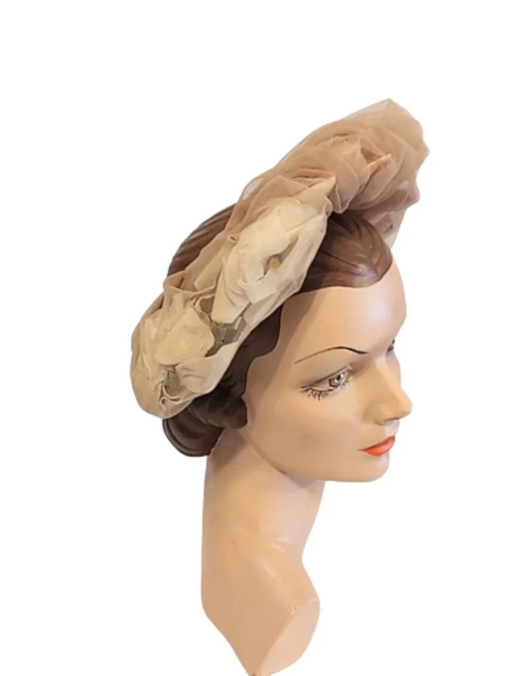 Vintage 1950s Halo Open Crown Hat With Roses And Bows Covered With Tan Netting - Picture 1 of 7
